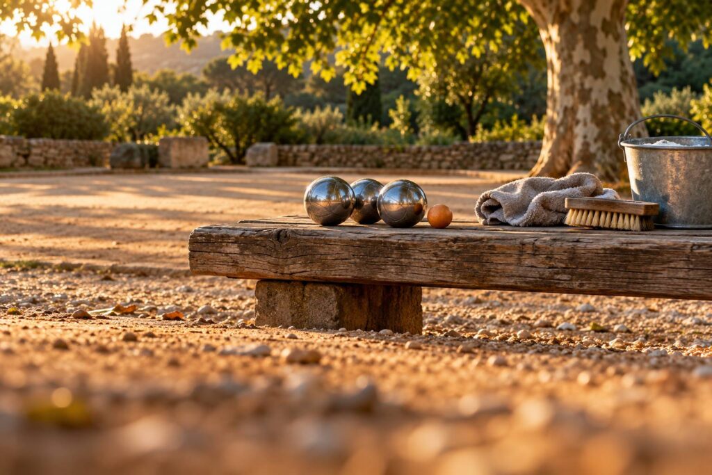Boules de pétanque en acier sur un banc de bois avec chiffon et eau savonneuse