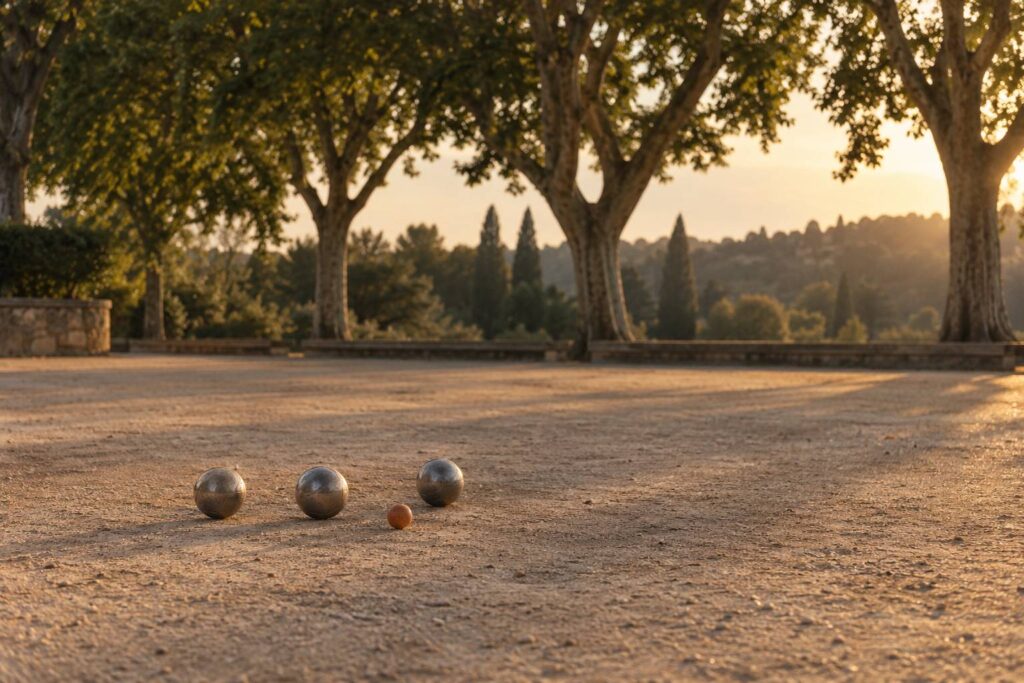 Boules de petanque en acier et cochonnet orange sur terre battue