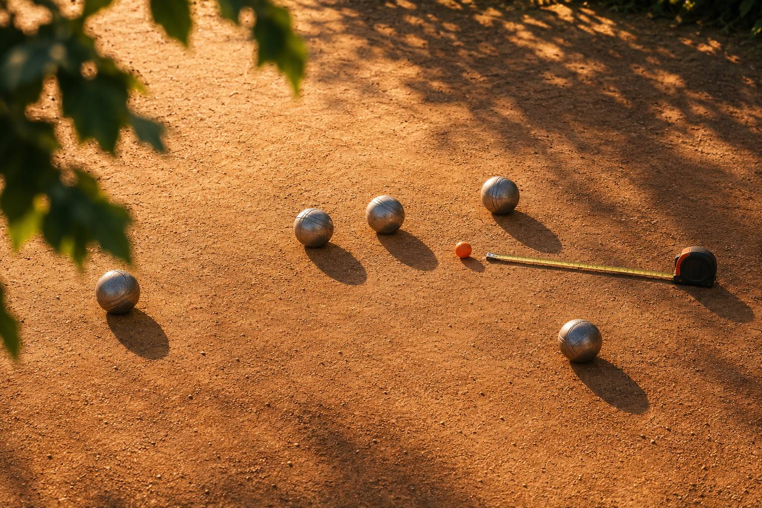 Boules de petanque et metre ruban sur un sol de boulodrome